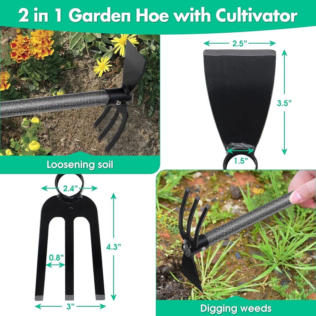 Garden Hoe and Cultivator, 31” Long Heavy Duty Hand Hoe with Tiller,2 Section Handle, Carbon Steel Blade, Cultivator Hoe Garden Tool for Loosening Soil, Digging